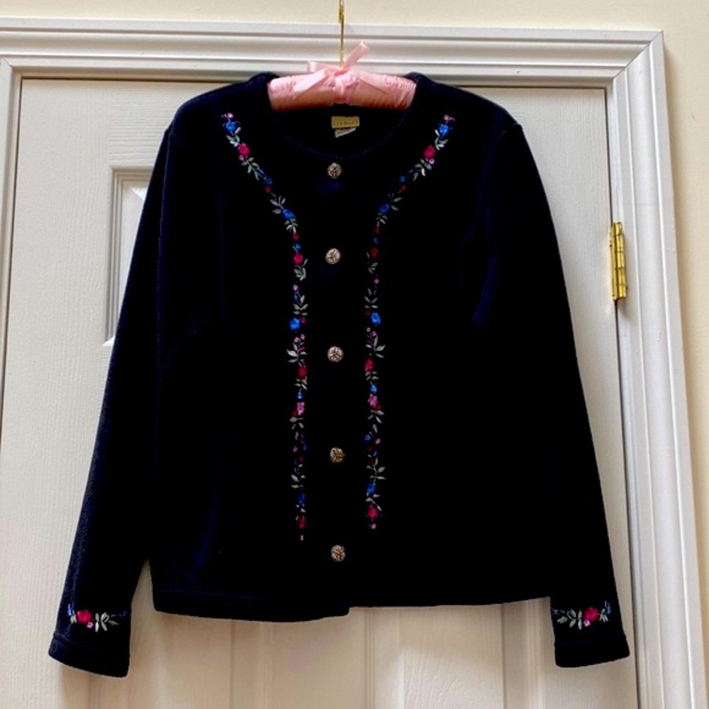 L.L. Bean Embroidered Button Front Polartec Fleece with Floral Trim, Size L